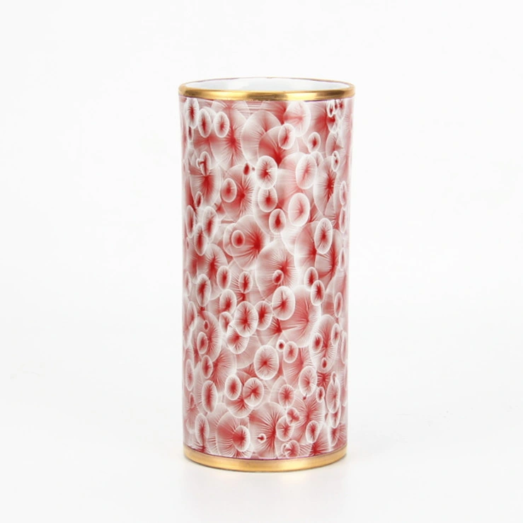 V021 Fancy Ceramic Red Cell Pattern Table Vase Porcelain Cylinder Vase Home Decoration Modern Ikebana Vase